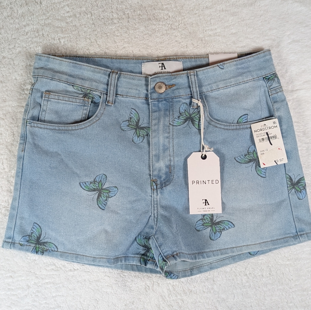 105-Flying Angel Nordstrom Blue Butterfly Print Women's Denim Shorts
